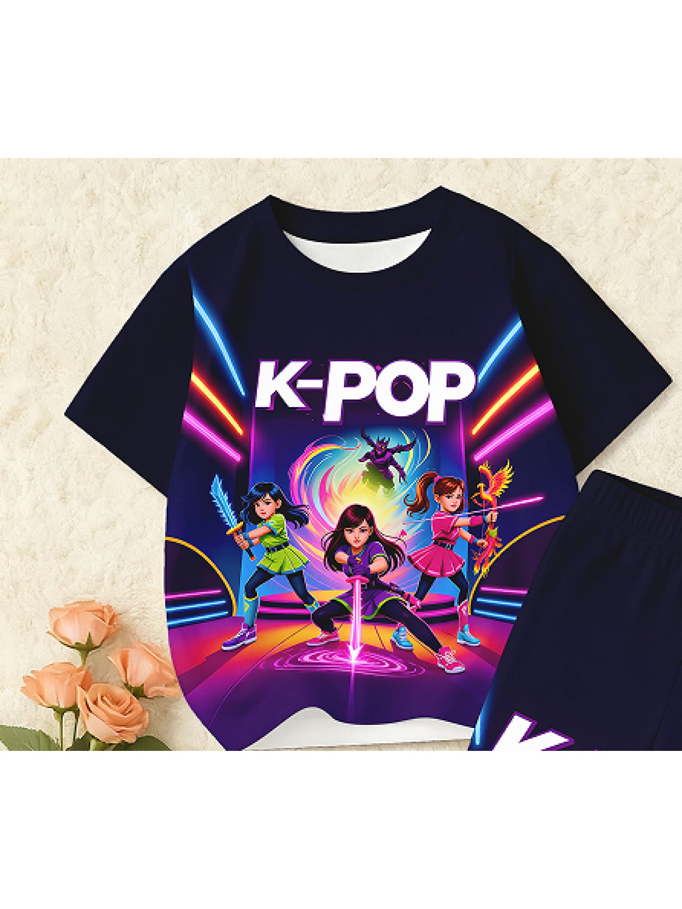 Girls K Idol Group Outfit Set 2 Pieces T Shirt and Flared Pants Breathable Casual Wear for K Drama Themed Outfits