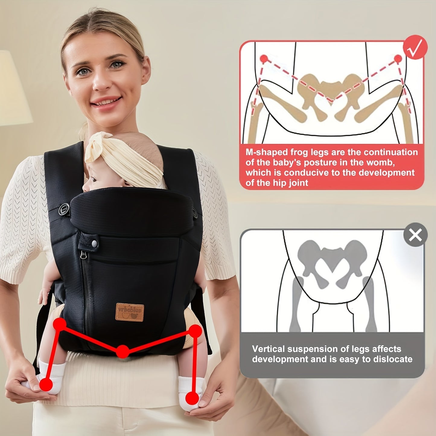 VRBABIES Ergonomic Baby Carrier With Adjustable Waist Belt Buckles