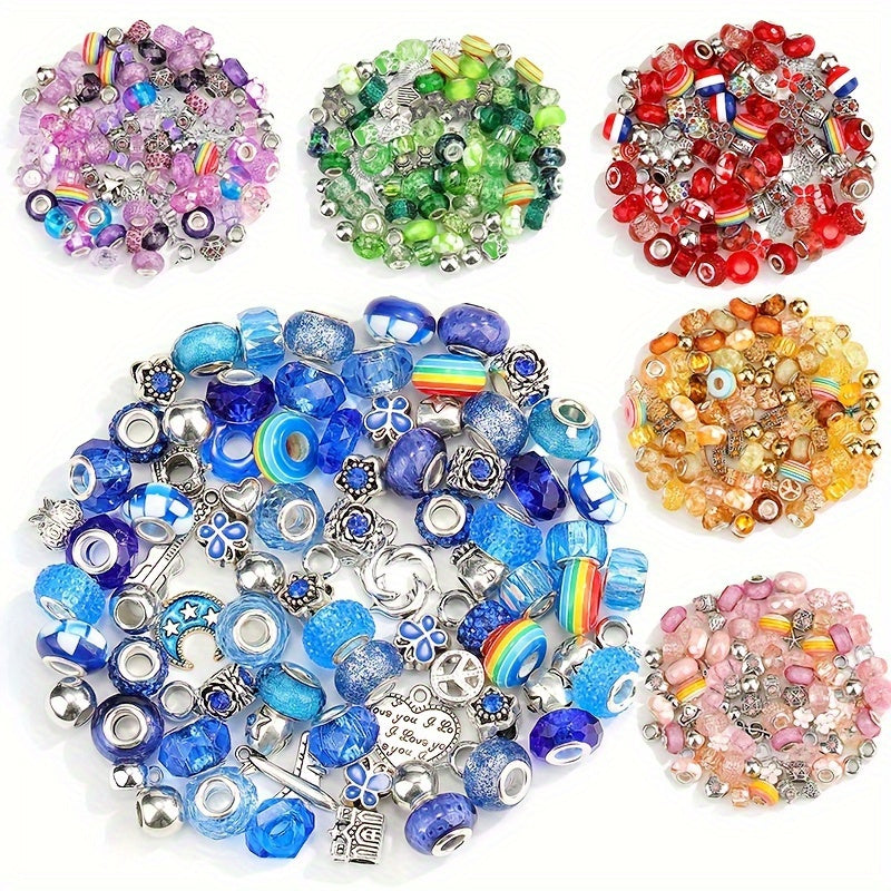 100 Pcs Large Hole Acrylic and Alloy Bead Set with Flowers Hearts Stars Bows Charms Rainbow Colors for Jewelry Making