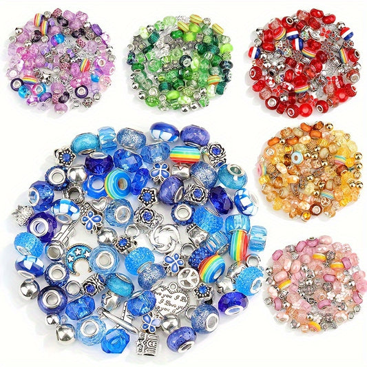 100 Pcs Large Hole Acrylic and Alloy Bead Set with Flowers Hearts Stars Bows Charms Rainbow Colors for Jewelry Making