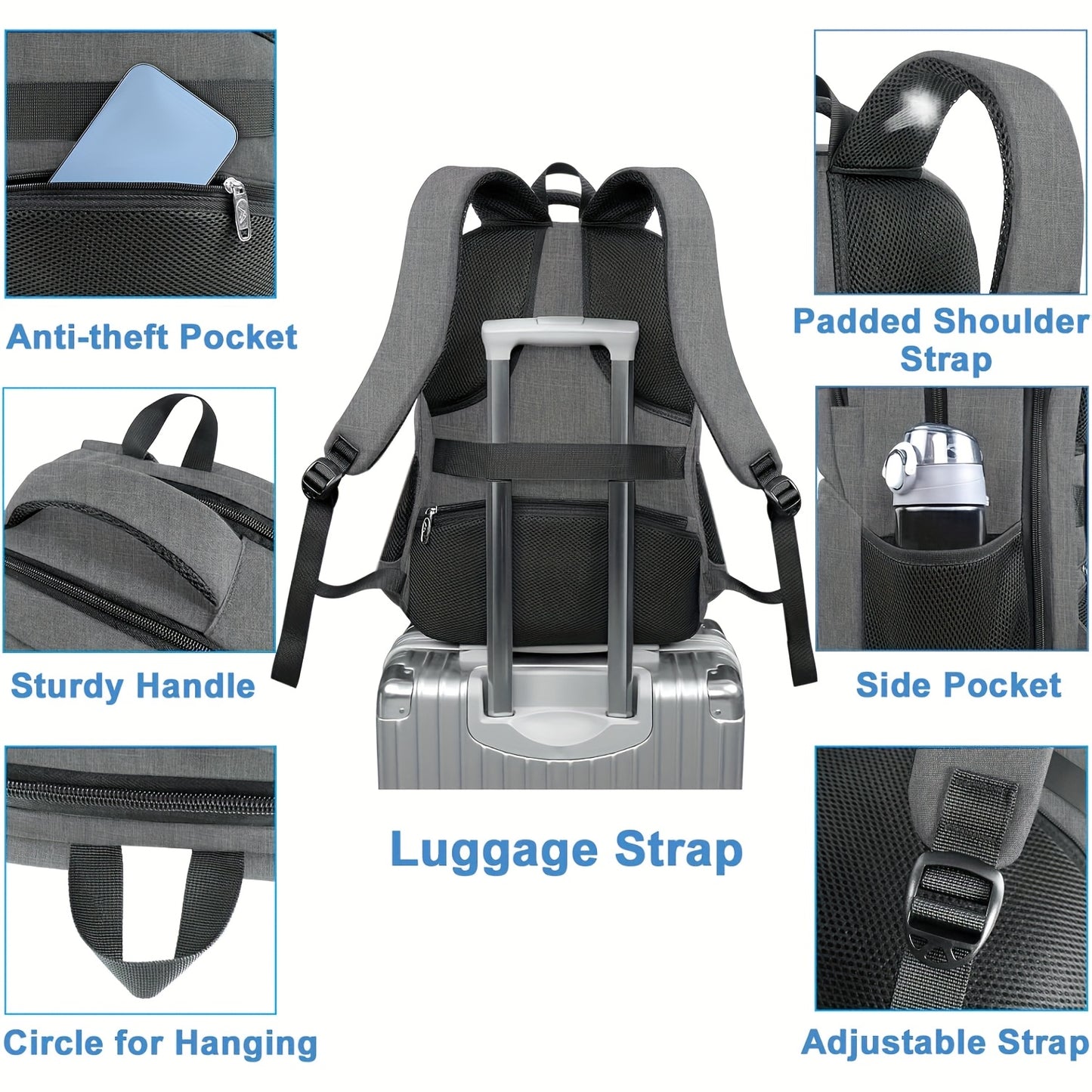 Men's Large 17-Inch Anti-Theft Backpack with TSA-Friendly Laptop Compartment & Cooler - Flight Approved Carry-On, Port, Heavy-Duty High Quality Laptop Bag for Work, College, Travel, Hiking (Grey) - Lunch Box Pocket