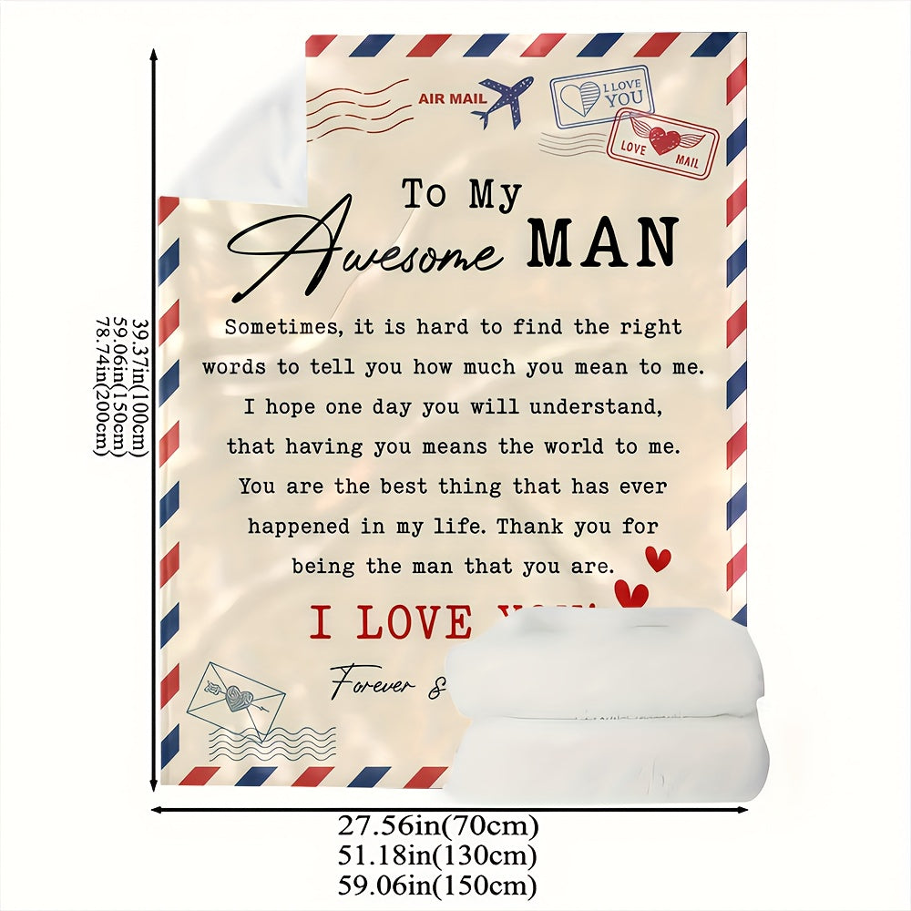 1pc to My Awesome for man Couples Blanket | Extra Long 5x8ft Flannel Bedspread - Romantic Gift for Husband, Boyfriend, Dad - Soft Beige & Red Love Notes - All-Season Keepsake - Ideal for Anniversary, Birthday, Valentine'S - H