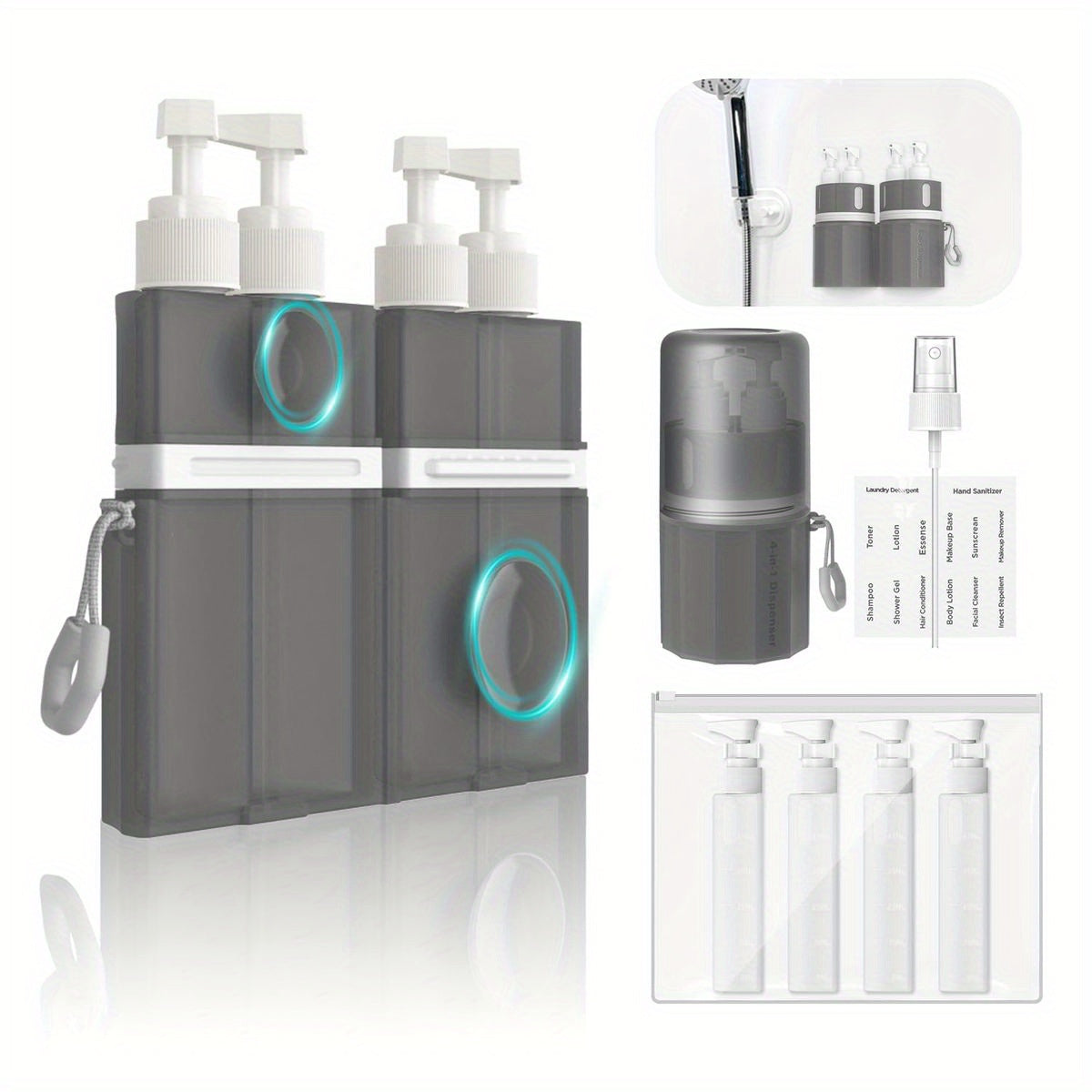 YOTIME 4in1 Travel Bottles Set, Vacuum Suction Cup for Smooth Walls, TSA Approved Leak Proof Travel Size Containers for Toiletries, Shampoo, Body Wash and Conditioner, Gray, Travel Toiletry Containers, Toiletry Organization,