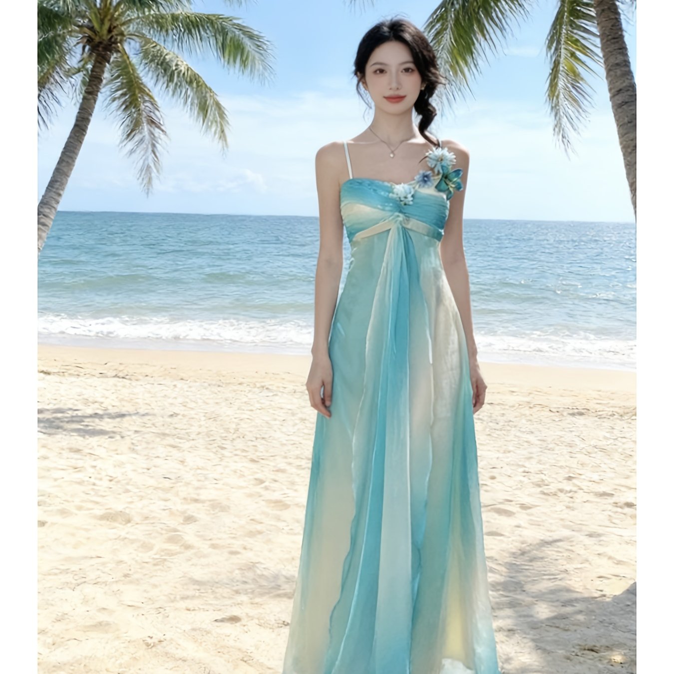 Dopamine Stunning Design Seaside Vacation Style Camisole Dress for Women | Summer Waist-Tightening Fairy Long Dress, Elegant Off the Shoulder, Solid Color, Perfect for Adult