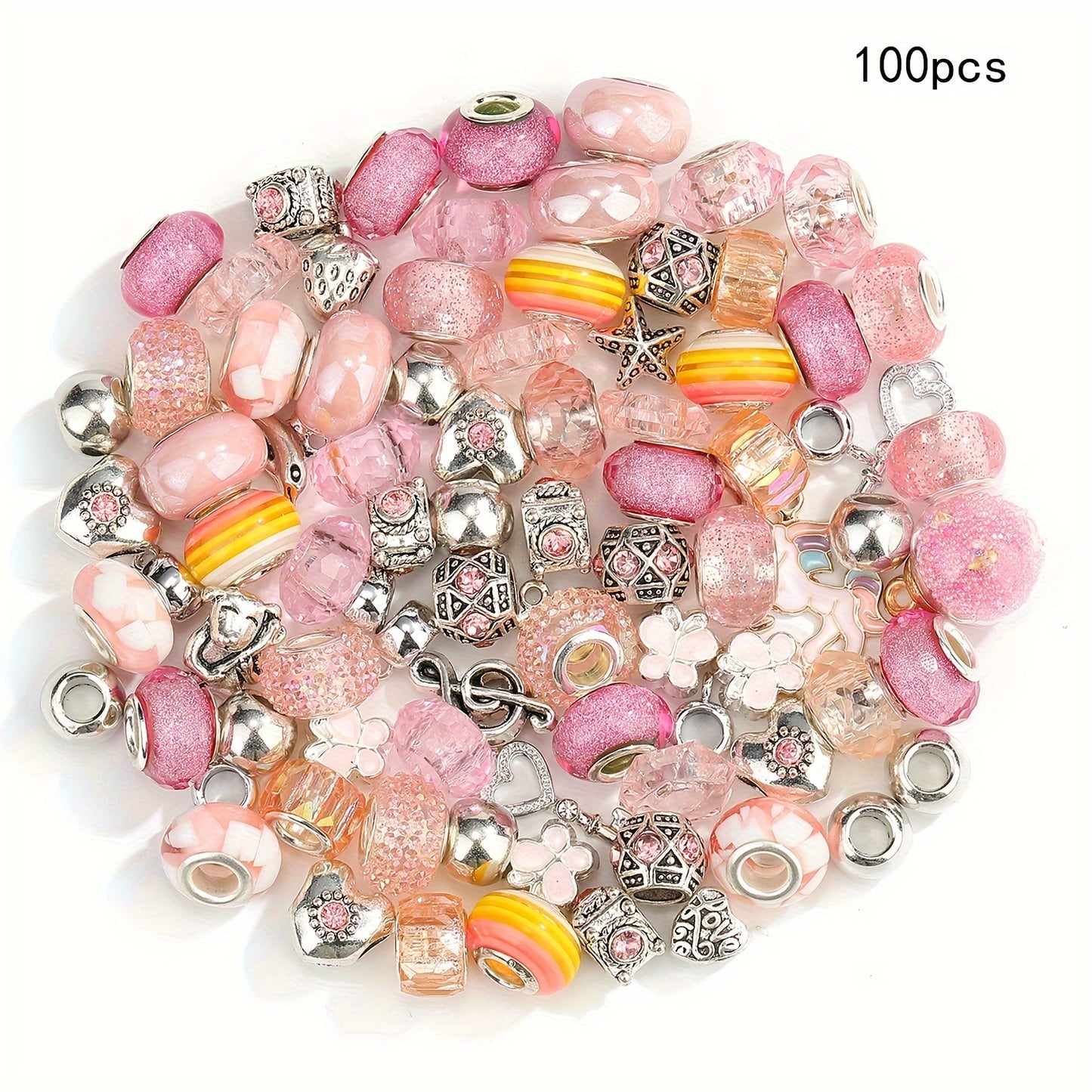100 Pcs Large Hole Acrylic and Alloy Bead Set with Flowers Hearts Stars Bows Charms Rainbow Colors for Jewelry Making