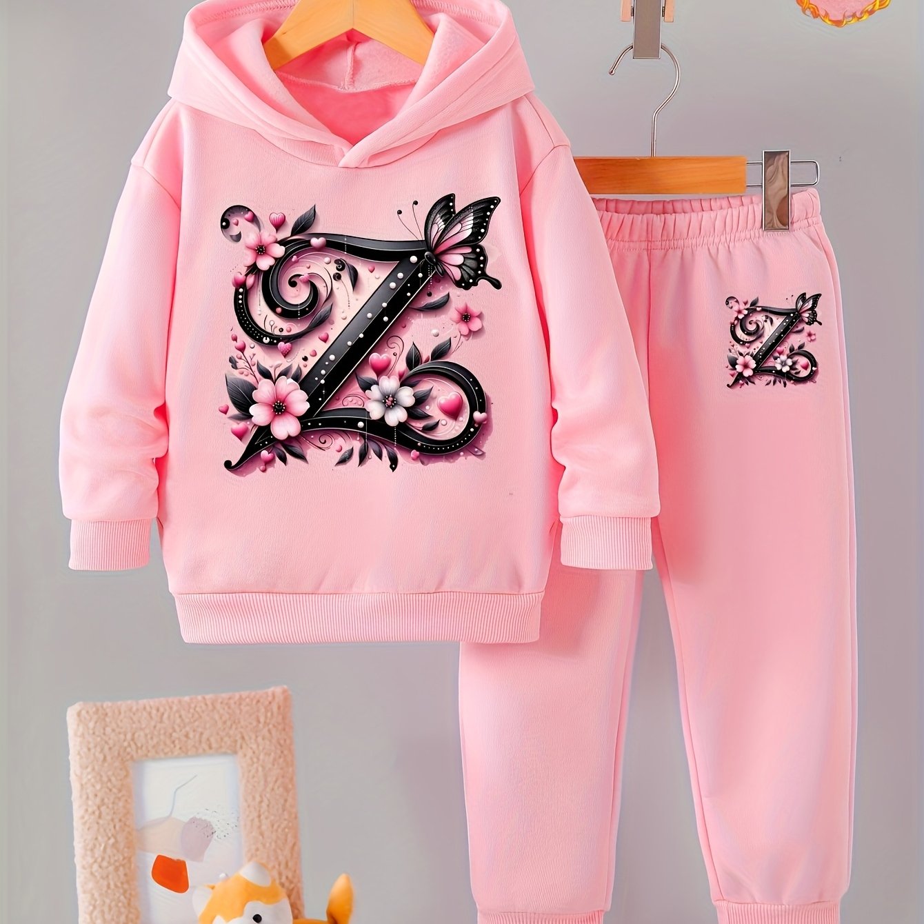 Toddler Girl Love Bear Print Hoodie Set, Autumn/ Winter, for Outdoor
