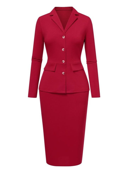 Two-Piece Ensemble: Red Blazer with a Single Button And Pencil Skirt for Women | Chic Vintage-Inspired Style Suitable for Work And Formal Events