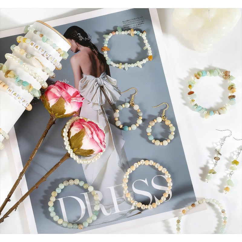 1562pcs/1 Pack of Natural Stone Bead Bracelet Jewelry Making Kit - Natural Stones, Faux Pearls, And Wooden Beads, Paired with Golden Metal | Bohemian Style Handmade Bracelet And Earring Materials, Perfect Handmade Gift for Wo