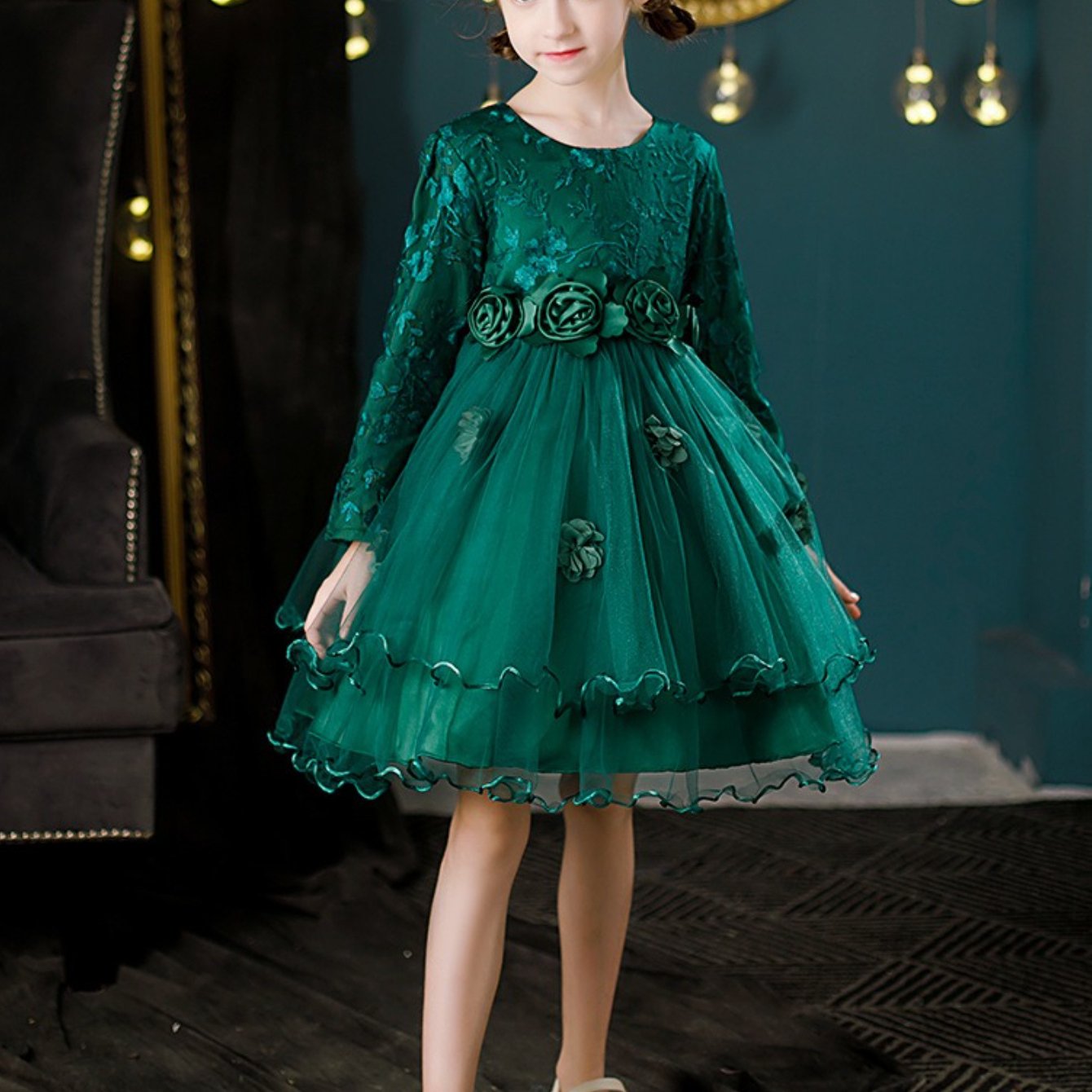 [Princess Style Girls' Dress] Emerald Green Princess Style Lace Long Sleeve Girls' Dress | Floral Waist Tiered Skirt Party Dress for Special Occasions & Daily Wear