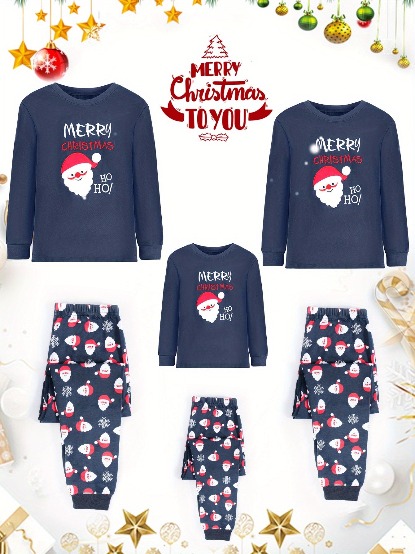2-Pack Family Matching Christmas Pajamas Set, Santa And Tree Print Long Sleeve Nightwear Set for Men, Kids Family Pjs, Holiday Party Pajamas