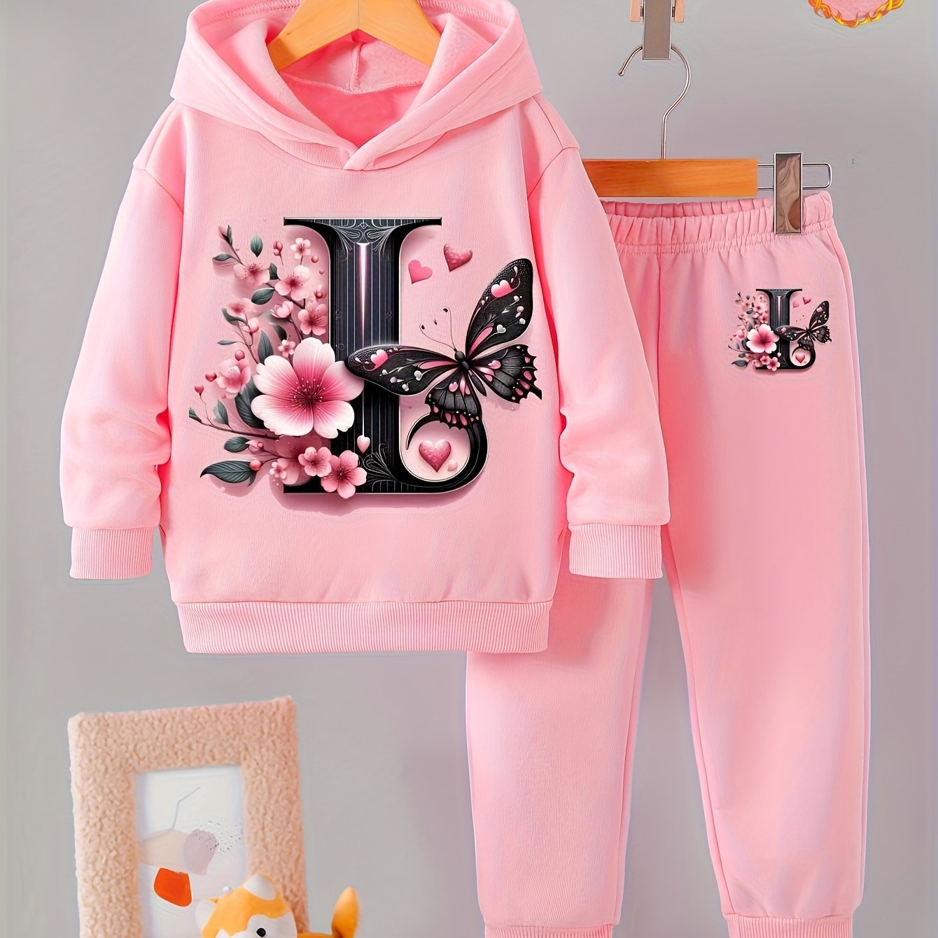 Toddler Girl Love Bear Print Hoodie Set, Autumn/ Winter, for Outdoor