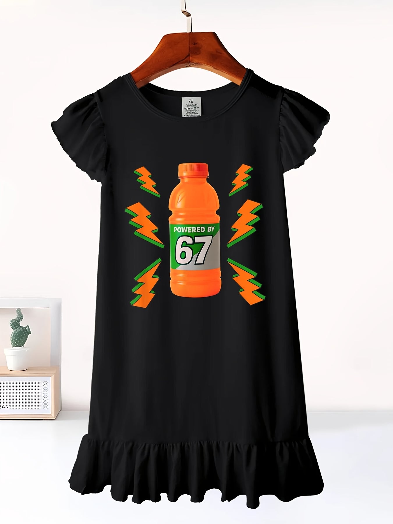 Girls Midi Cotton Dress With Flutter Sleeves Number Theme Applique Gen Alpha Logo Round Neck Machine Washable