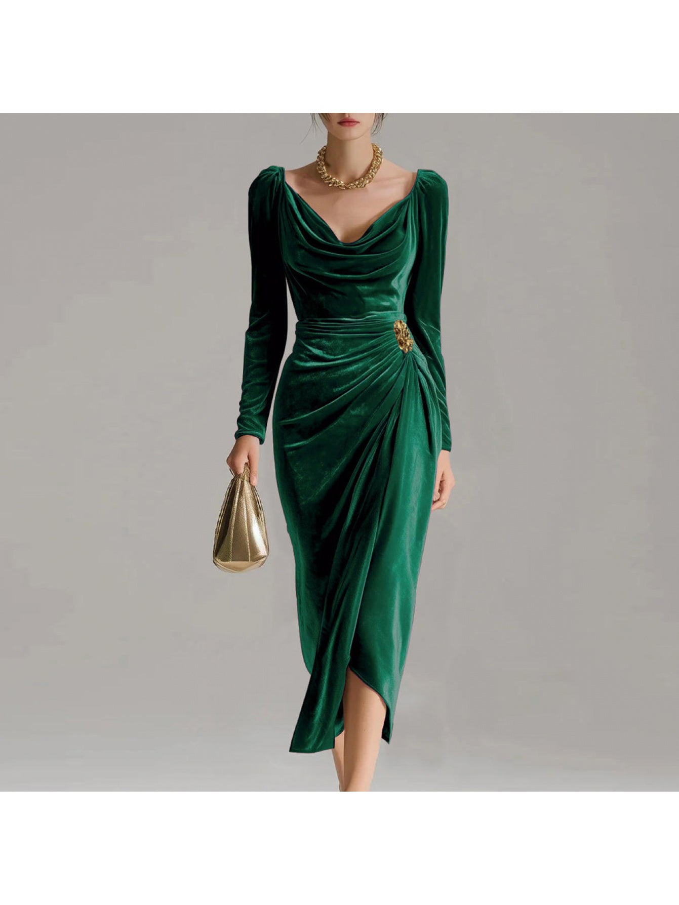 Velvet Midi Dress for Holiday Parties, Deep Brown Cowl Neck Gown with Asymmetric Hem, Stunning Christmas Party Dress with Golden Accent