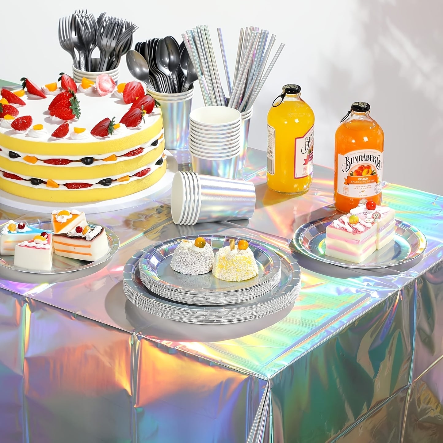 140 Pieces Holographic Iridescent Party Supplies Complete Set for 20 Guests Disposable Plates Cups Napkins Cutlery