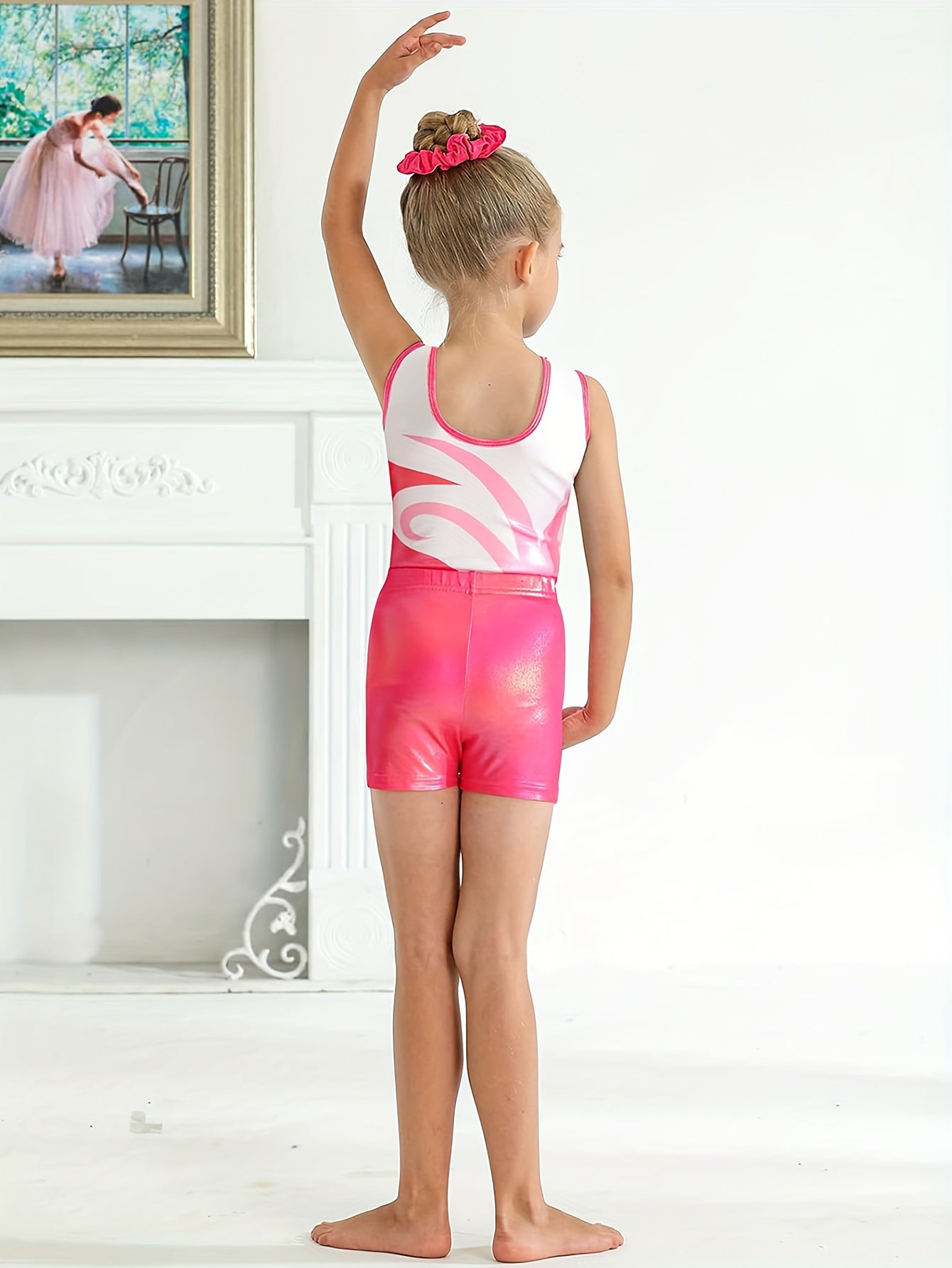 Girls' Sleeveless Gymnastics Leotard with Sparkling Blue & Purple Swirl Design + Light Blue Shorts & Hair Tie - Breathable Stretchy Fabric for Dance, Gymnastics, Christmas Parties, Gymnastics Attire, Sleek Fitted Design, Medi