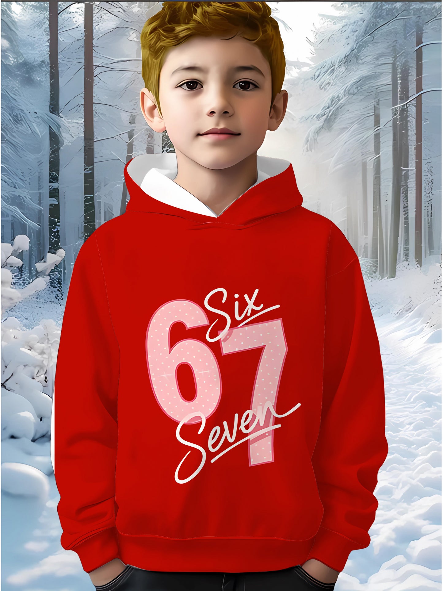 Red Base Polka Dot Number 67 Art Font Print Skin-Friendly Kids Fashion Hoodie | Casual Streetwear, All Season Suitable, Perfect Birthday Gift for Girls