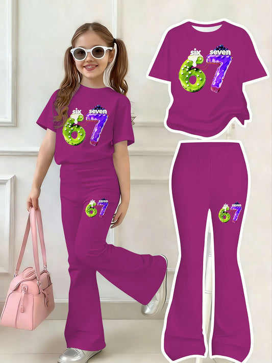 Girls' Magenta Outfit: Number 67 Dripping Dessert Print Short-Sleeve Top+ Flared Pants, Sweet Fun Casual 2pcs Set, Comfortable Breathable Summer Kids' Clothing, Perfect for Outdoor