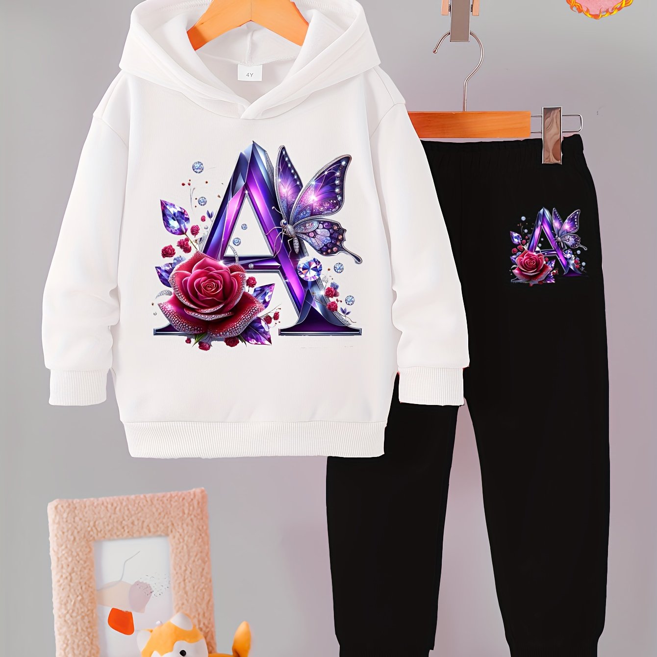 Toddler Girl Love Bear Print Hoodie Set, Autumn/ Winter, for Outdoor