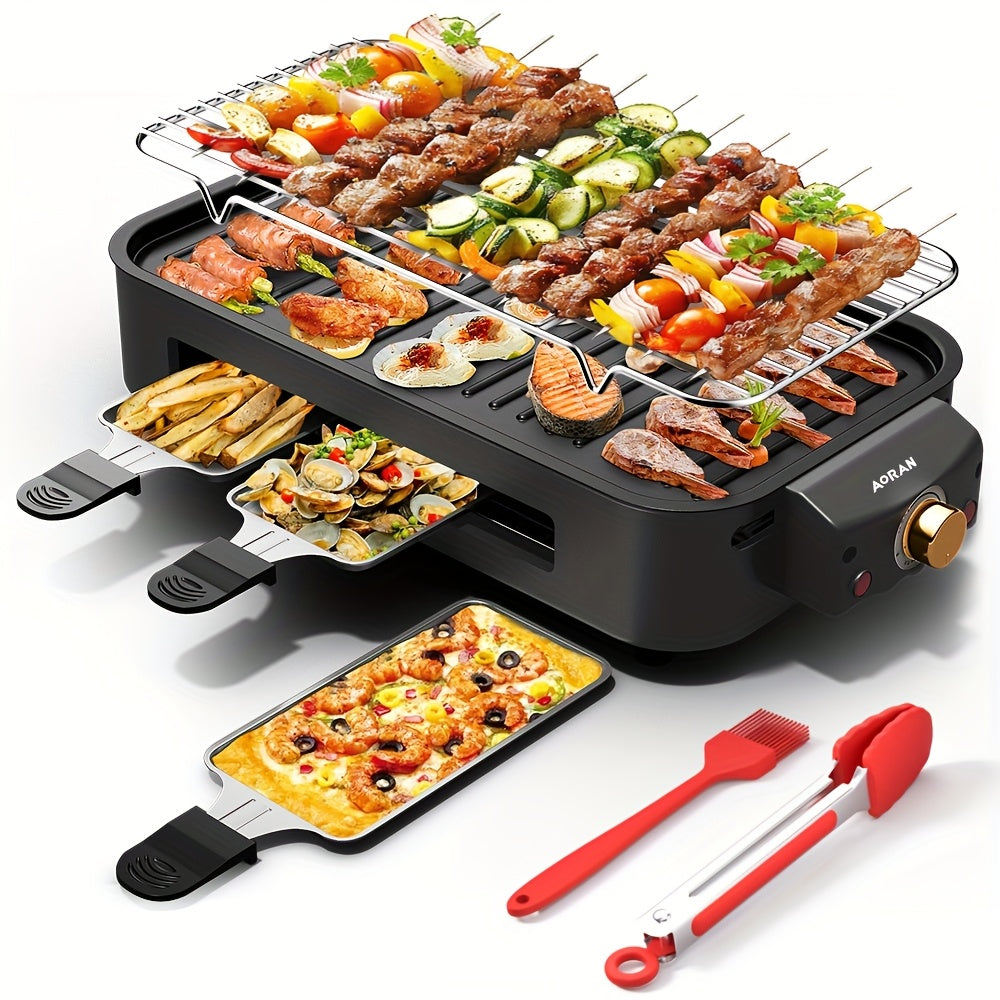 Kitchen Electric Barbecue Grill, Fully Detachable Non-Stick and Easy to Clean, With Frying Pan Grille and Waffle Maker Three Hand Trays, Adjustable Temperature 1500W, Made of Stainless Steel, Gift for Christmas Housewarming B