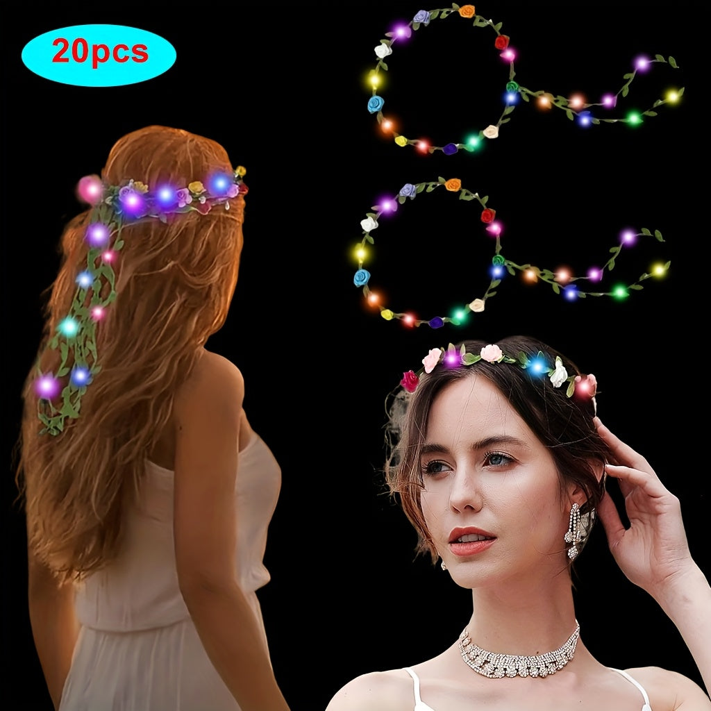 [Bohemian LED Flowers] 20pcs Bohemian LED Flowers with Braided Headband - Green Rattan & Paper Flowers (Random Color) - for Wedding, Party, Cosplay, Christmas, Birthday, Holiday, Photography, Camping, Glow, Concert