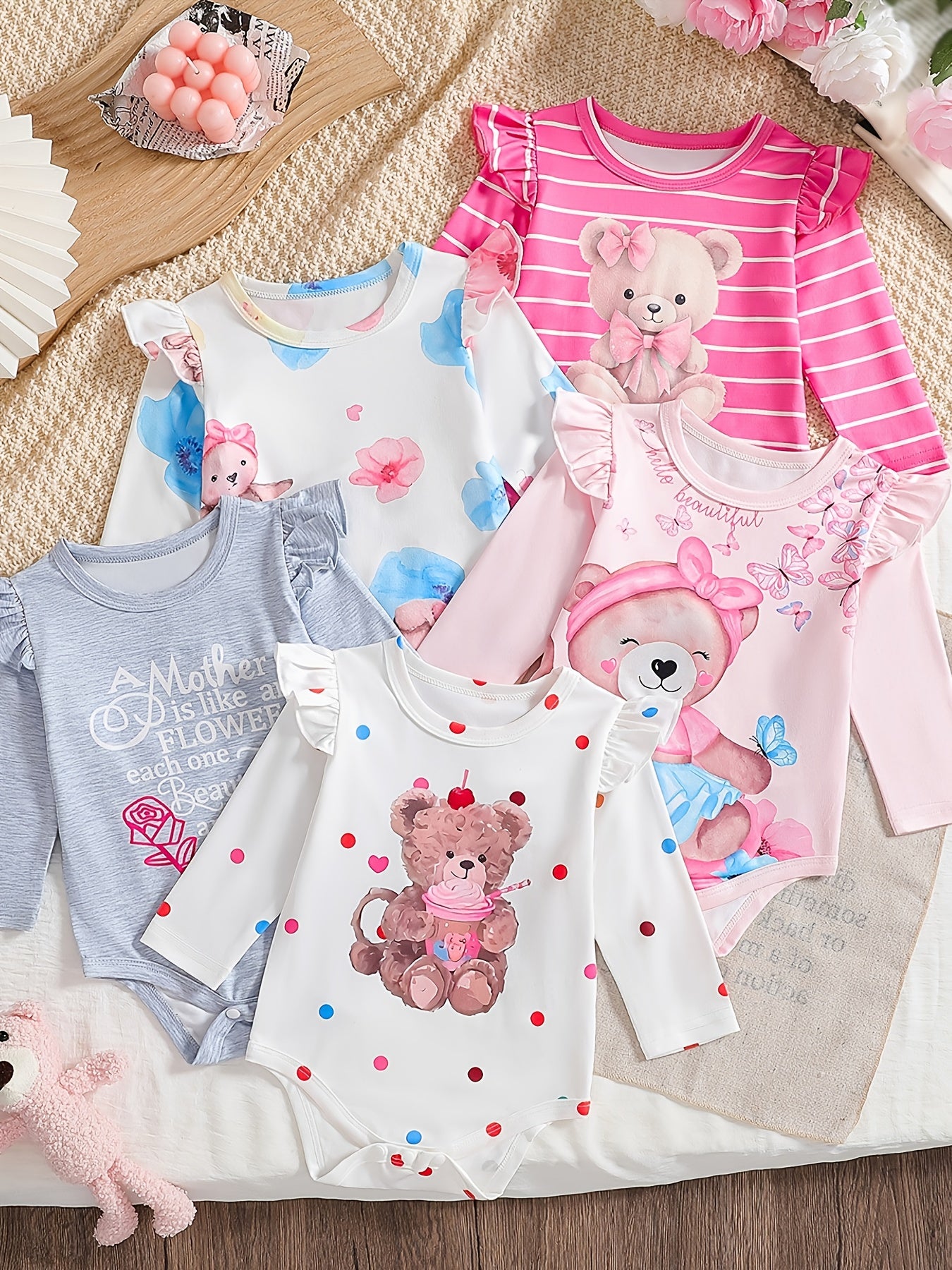 Cute Baby Girl Bear Print Jumpsuit Set With Flying Sleeves