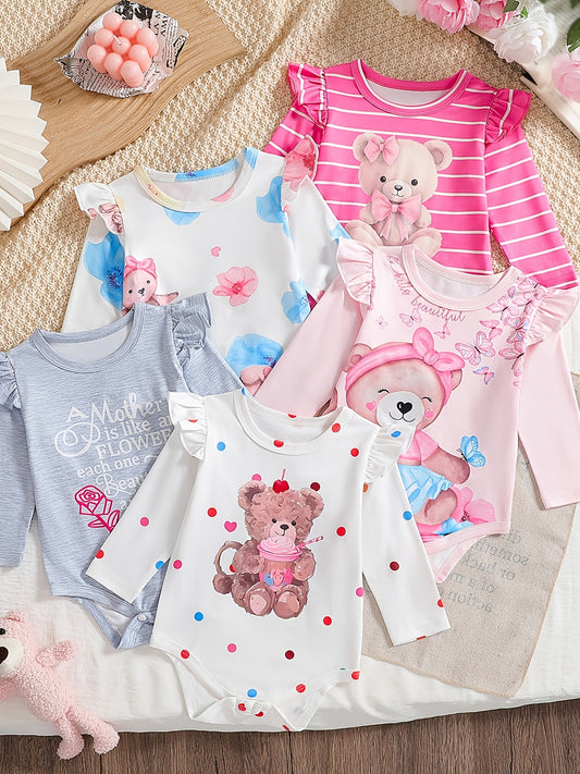 Cute Baby Girl Bear Print Jumpsuit Set With Flying Sleeves