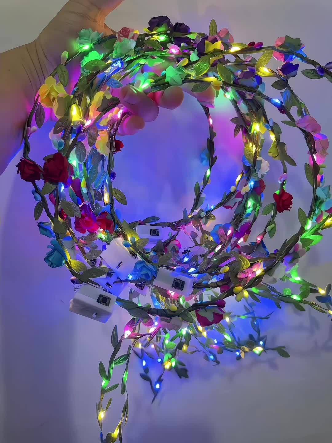 [Bohemian LED Flowers] 20pcs Bohemian LED Flowers with Braided Headband - Green Rattan & Paper Flowers (Random Color) - for Wedding, Party, Cosplay, Christmas, Birthday, Holiday, Photography, Camping, Glow, Concert