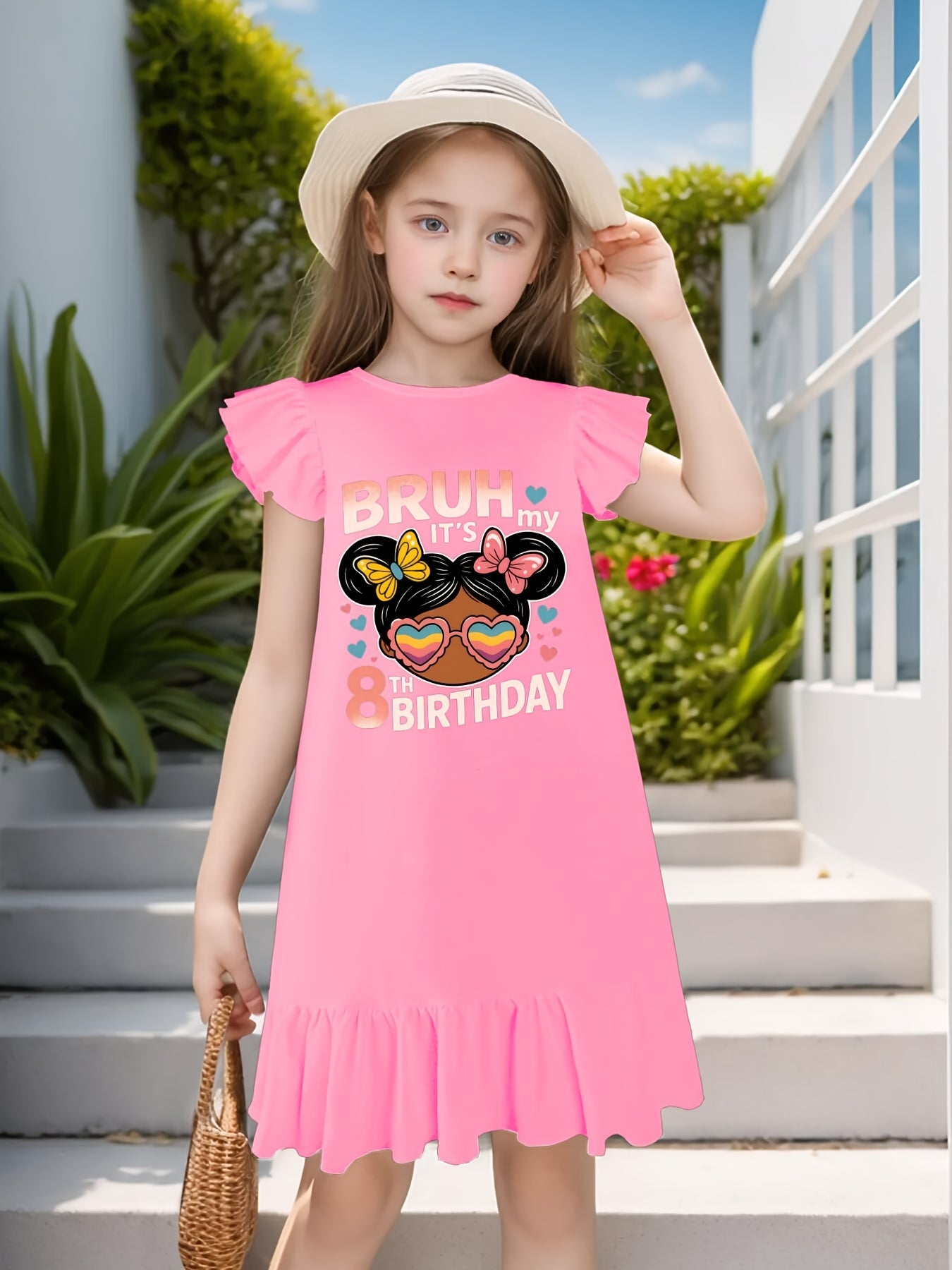 Bruh Its My 8th Birthday Messy Bun 8 Years Old Girls Dress with Flutter Sleeves - Sleeveless Dress for Girl Kid