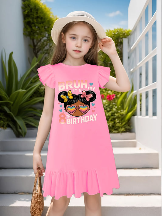 Bruh Its My 8th Birthday Messy Bun 8 Years Old Girls Dress with Flutter Sleeves - Sleeveless Dress for Girl Kid