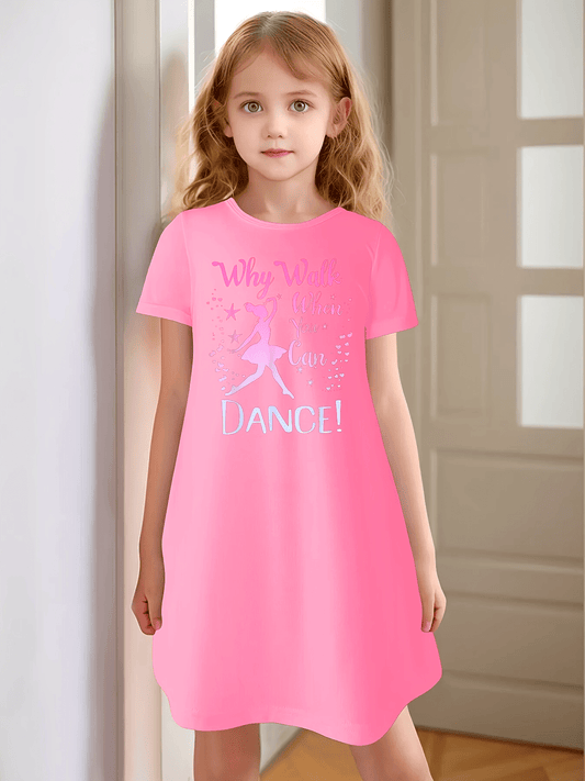 Girls Ballet Dance Recital Outfit - Pink tutu-like dress with "Why Walk When You Can Dance!" Phrase, Stretchy Knit tutu party dress for Ballet Performances, Photo Shoots - Machine Washable Birthday Girl Dance, Ballet Dress, C