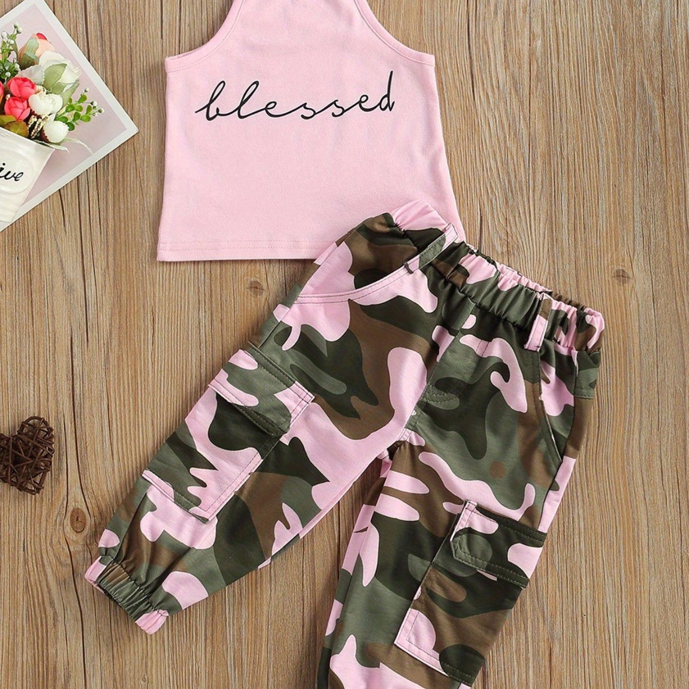 Girls 2pcs Clothes Set, Sleeveless Letter Printed High Neck Halter Tops with Camouflage Printed Long Pants