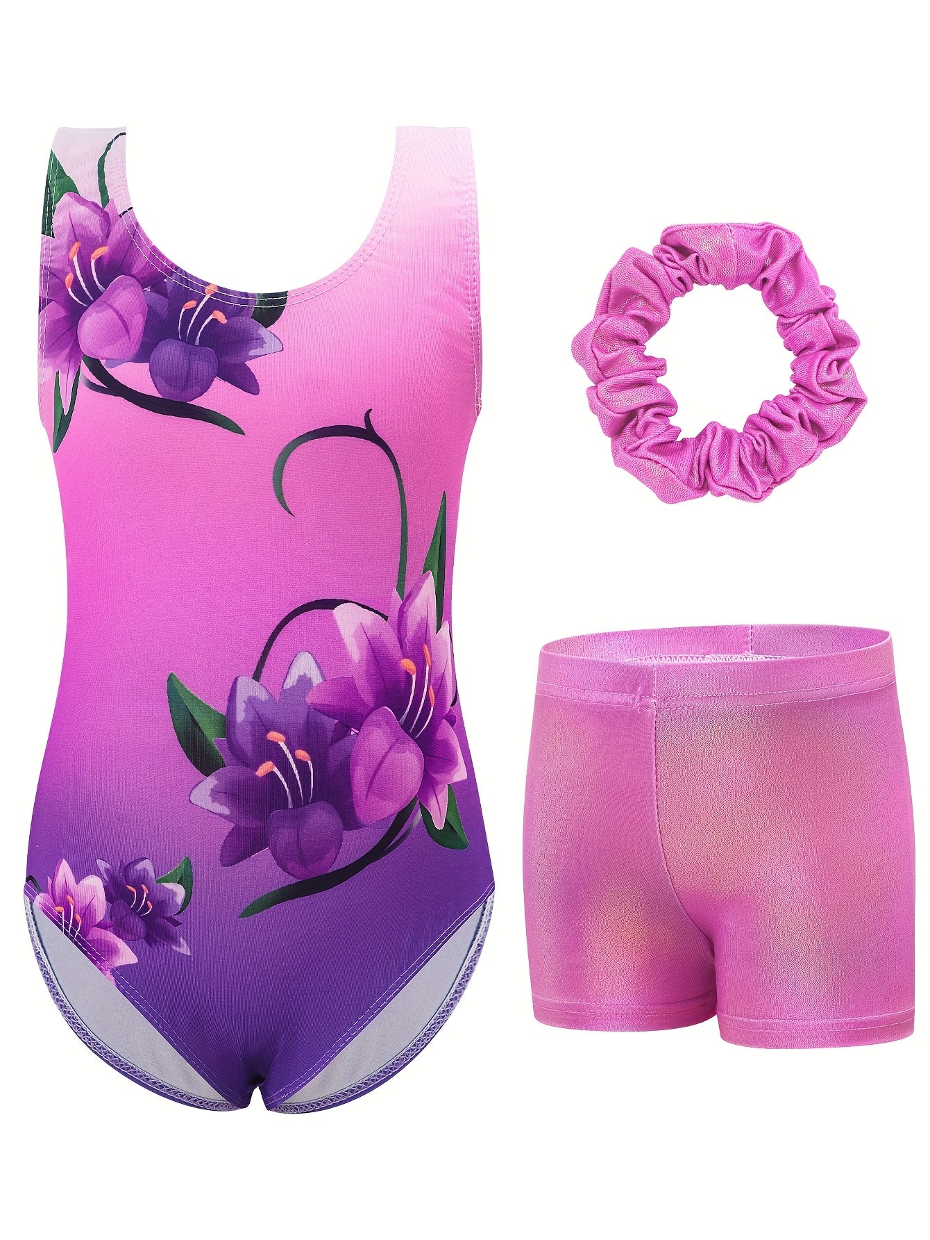 Girls' Gymnastics Bodysuit Set, Shiny Ballet Dance Outfit with Three Pieces Including Sparkling Shorts And a Headpiece.