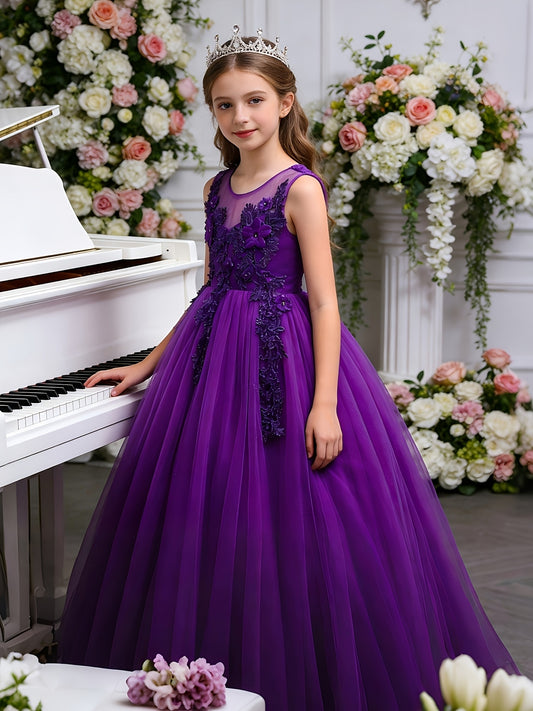 Girls Luxury Princess Dress With 3D Floral Lace Embroidery