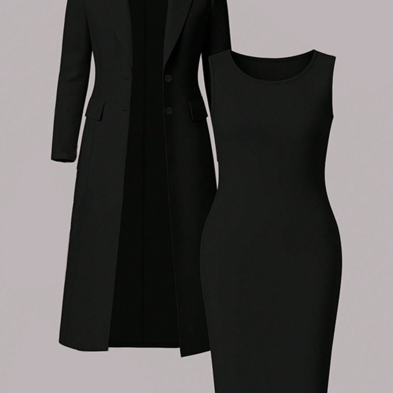Black Long Blazer And Sleeveless Pencil Skirt Two Piece Set For Elegant Banquet Style Evening Dinners And Business Events