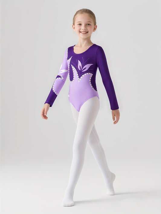 Rhinestone Colorblock Gymnastics Leotard 3 Piece Set for Girls