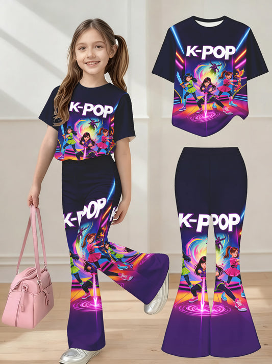 Girls K Idol Group Outfit Set 2 Pieces T Shirt and Flared Pants Breathable Casual Wear for K Drama Themed Outfits