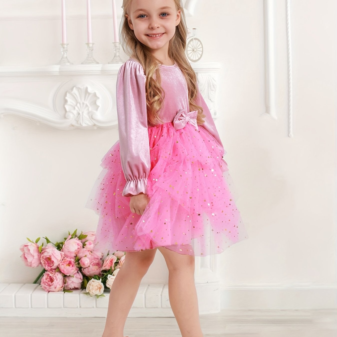 2-7Y Girls Sparkling Sequin & Tulle Tutu Princess Party Dress with Ruffled Sleeves & Layered Skirt - A-Line Knee-Length Winter Dress for Christmas, Birthday, Wedding, Halloween - Shimmering Holiday Outfit with Belt (No Paddin