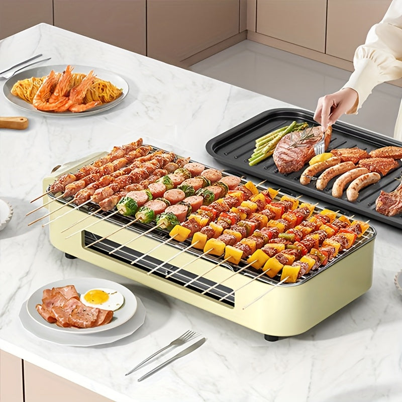 Kitchen Electric Barbecue Grill, Fully Detachable Non-Stick and Easy to Clean, With Frying Pan Grille and Waffle Maker Three Hand Trays, Adjustable Temperature 1500W, Made of Stainless Steel, Gift for Christmas Housewarming B