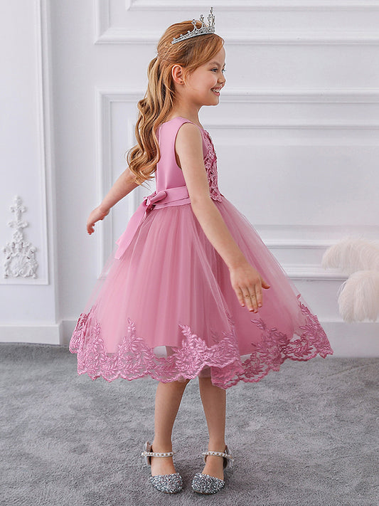 [Princess Dress for Girls] Elegant Girls' Sleeveless Princess Dress with Floral Lace Embroidery & Tulle Skirt | Sweetheart Neckline, Fitted Bodice, Ruffled Hem, Perfect for Weddings, Parties & Special Occasions, Wedding Guest