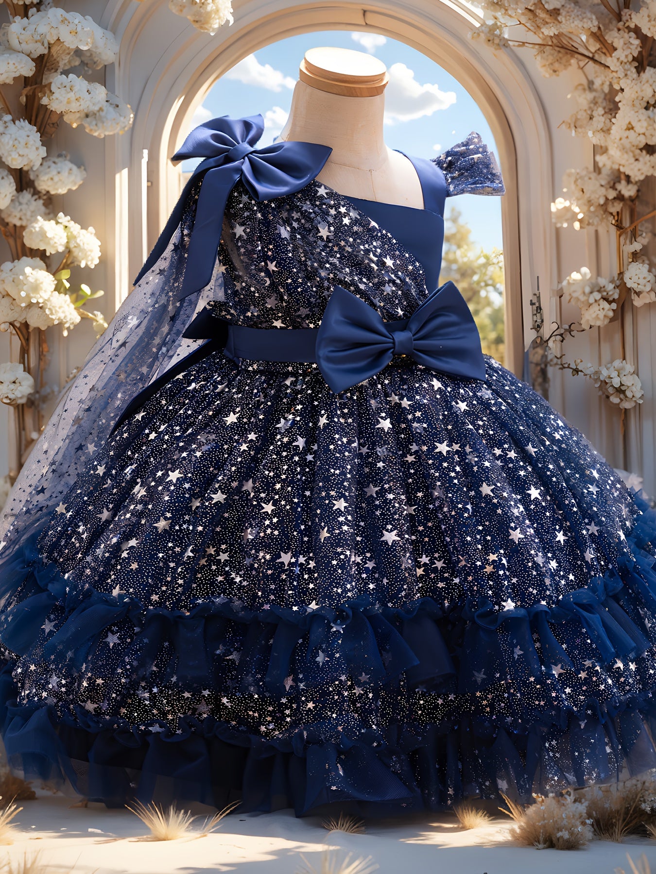 1st Birthday Girl Dress with Detachable Cape & Starry Tutu - Mint Green Sparkling Princess Party Gown, Soft Breathable Baby Girl for Weddings, Photo Shoots & Celebration Outfit (Short Sleeves, Belt)