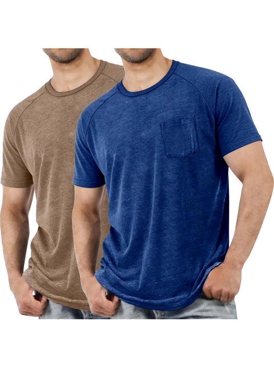2pcs Men'S Casual T-Shirts | Solid Color, Crew Neck, Short Sleeve, Chest Pocket, Slight Stretch Fabric, Perfect for All Seasons, Plus Size