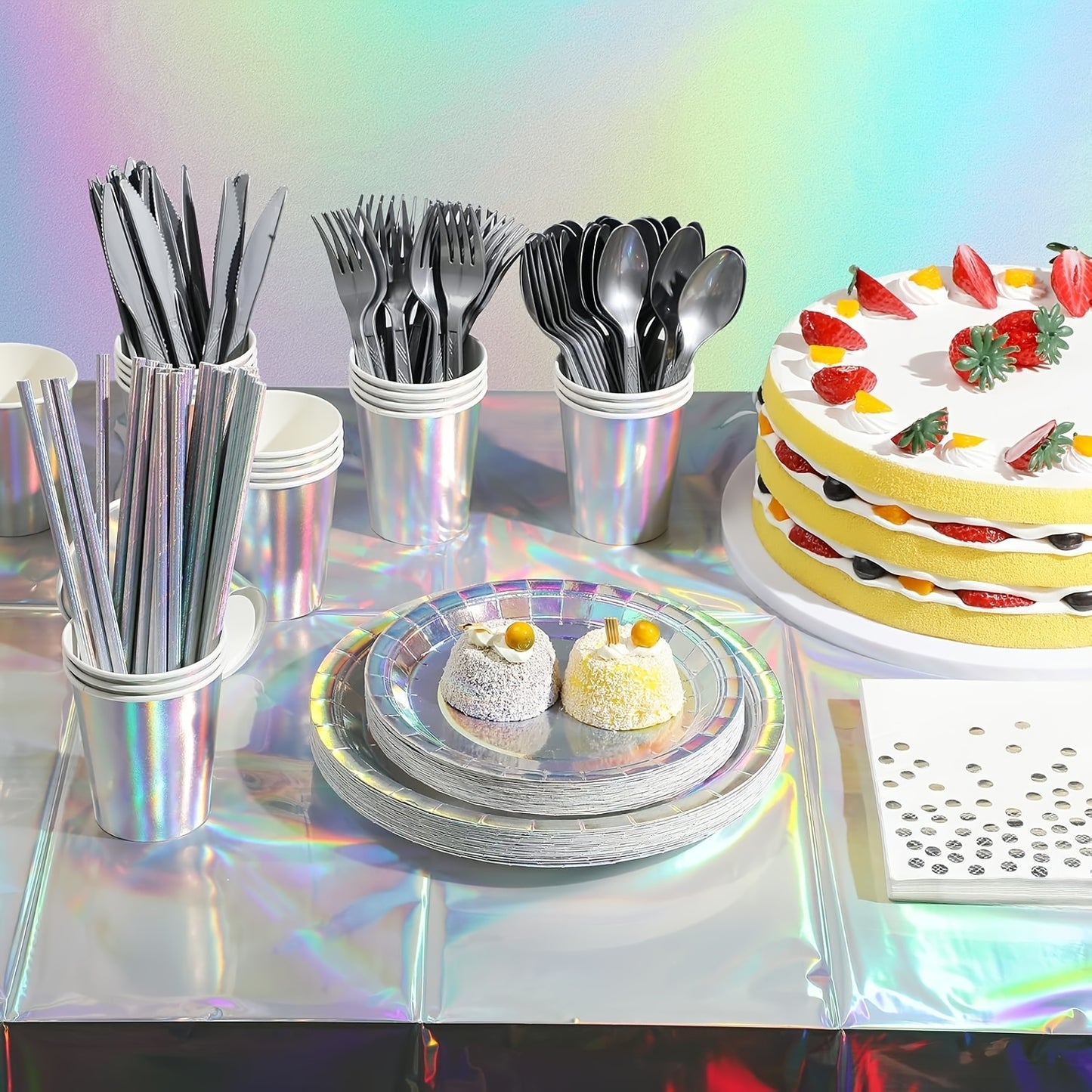 140 Pieces Holographic Iridescent Party Supplies Complete Set for 20 Guests Disposable Plates Cups Napkins Cutlery