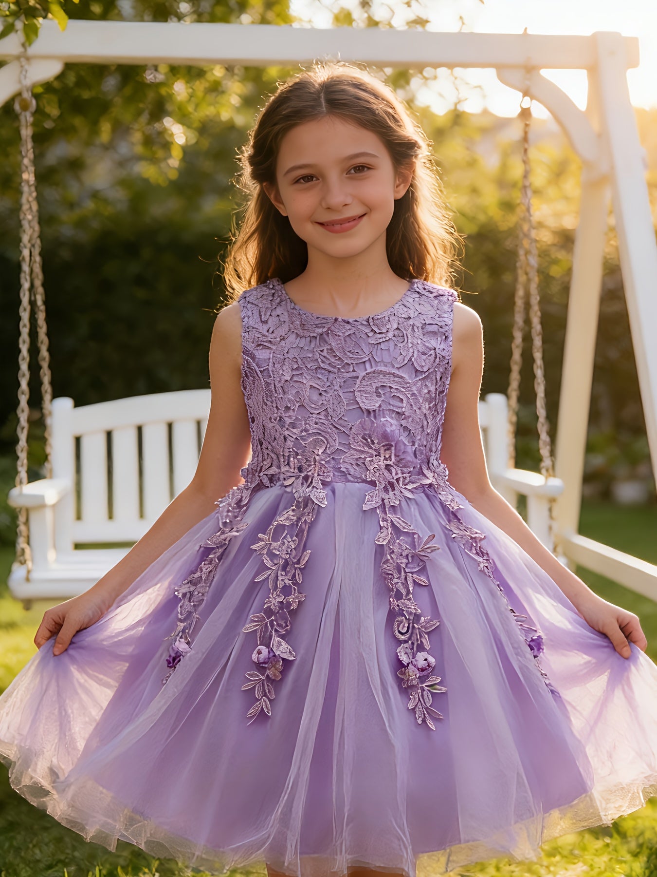 Girls Lace Embroidered Dress With Bow Waist And Mesh Skirt