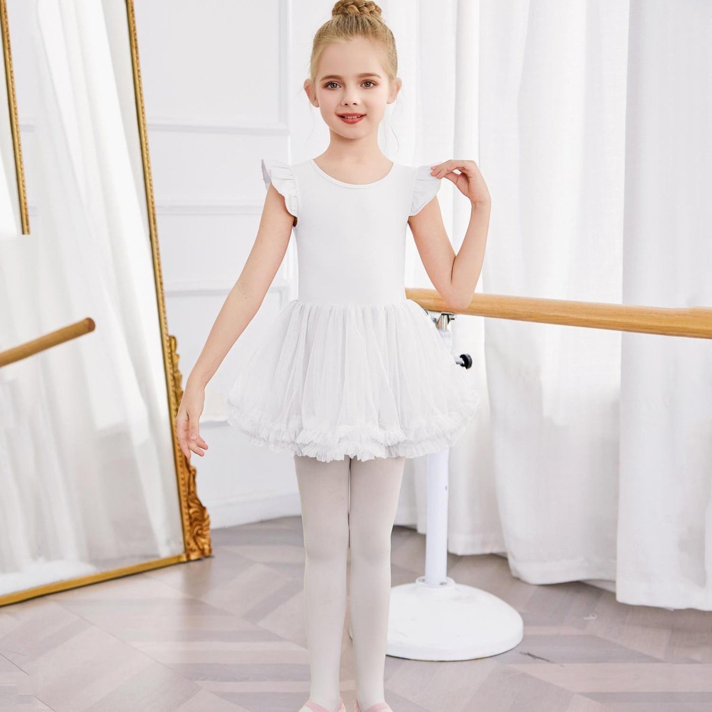 Girls' Ballet Tutu Dance Dress with Cross-Back Design & Ruffled Sleeves - White A-Line Leotard for Ballet, Gymnastics, Recitals - All-Season Comfort, Round Neck, Solid Color, Ballet Dress, Gymnastics Attire, Elegant Dancewear