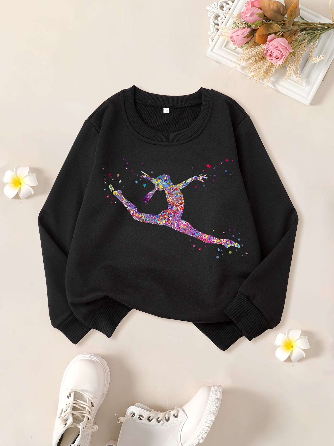 Girls' "Watercolor Gymnastics Girl" Graphic Print Sweatshirt - Black Long Sleeve Crew Neck Casual Top with Colorful Dancer Design, Perfect for Fall & Winter Wear, Gymnastics Apparel | Playful Graphic Sweatshirt | Comfortable