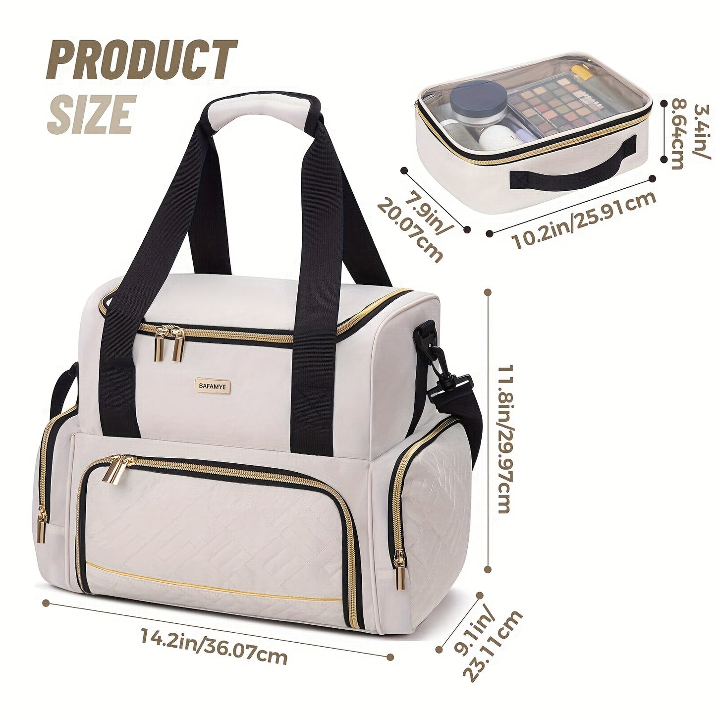 Large High Quality Travel Makeup Organizer Bag for Women - 2 Removable Cosmetic Cases, Double Layer Toiletry Bag with Multiple Compartments, Durable Polyester, Black with Golden Accents, Sleek Stylish Design | Easyaccess Hand