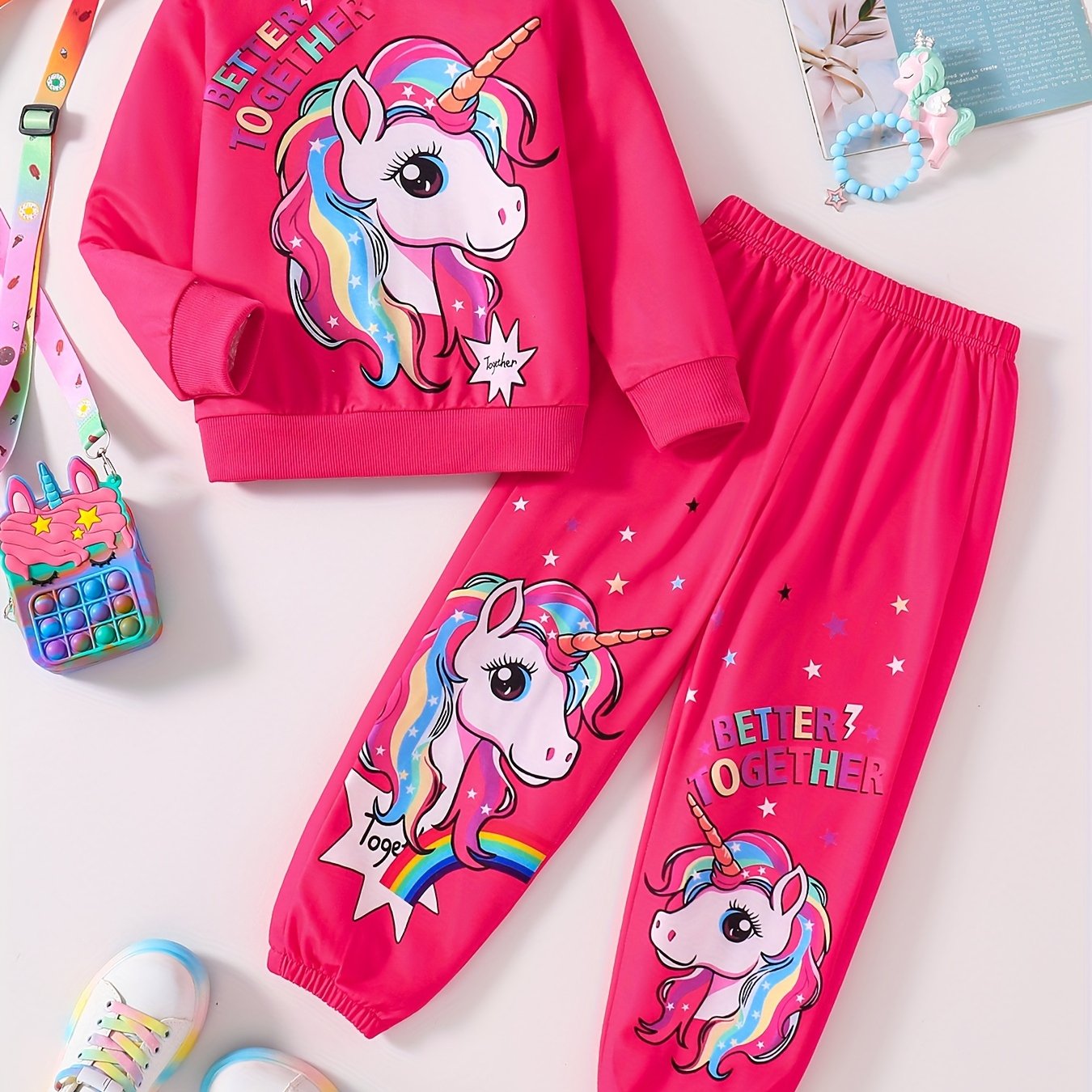 [Soft Girls' Two-Piece Set] Comfortable & Soft Two-Piece Set for Girls | Long-Sleeve Rainbow Horse & Star Print Sweatshirt with Elastic Waist Jogger Pants - Fashionable Activewear for Sweet Street Style & Outdoor Casual Wear