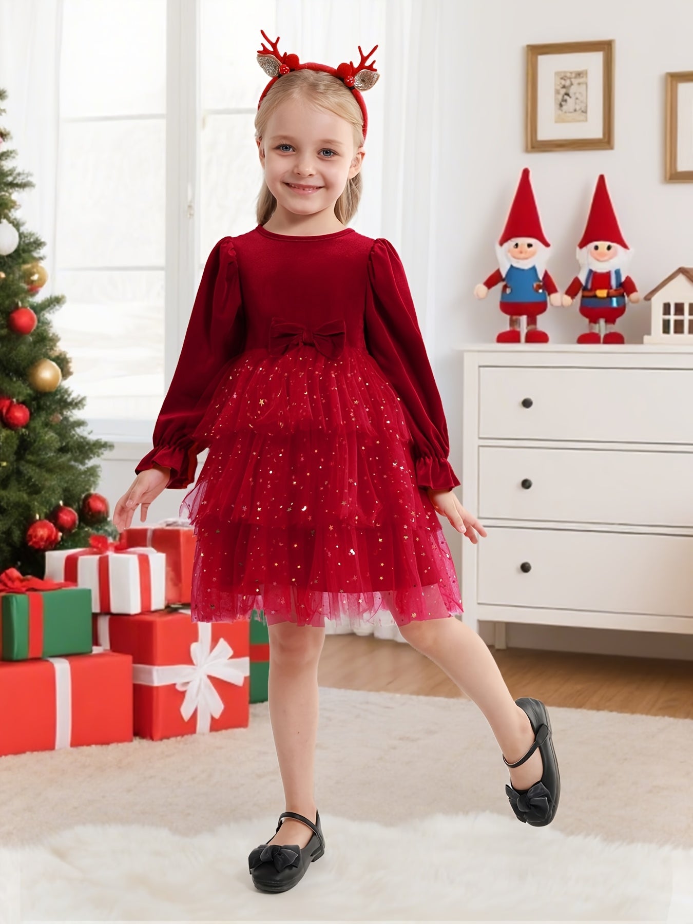 2-7Y Girls Sparkling Sequin & Tulle Tutu Princess Party Dress with Ruffled Sleeves & Layered Skirt - A-Line Knee-Length Winter Dress for Christmas, Birthday, Wedding, Halloween - Shimmering Holiday Outfit with Belt (No Paddin