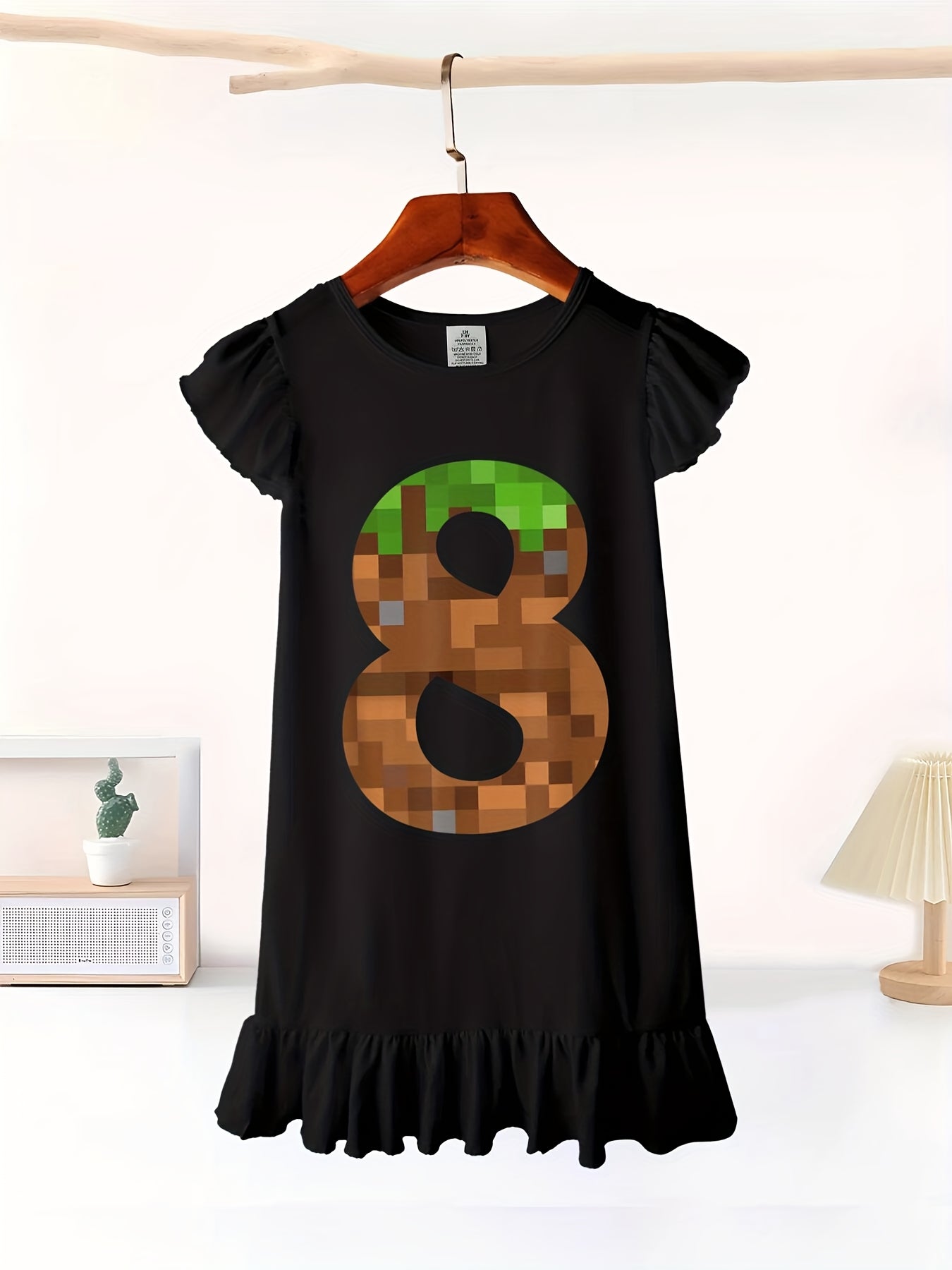 Pixel 8yr Birthday Number Eight 8 Year Old 8th Video Gamer Dress with Flutter Sleeves - Sleeveless Dress for Girl Kid