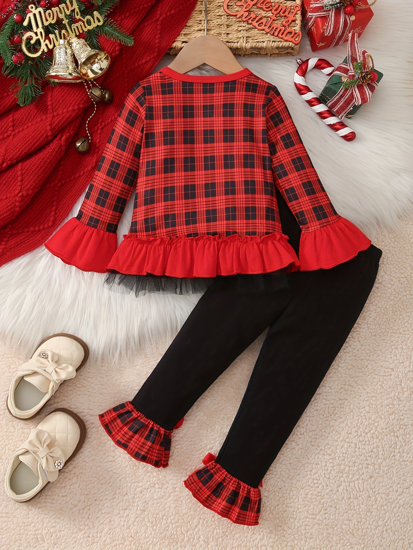2pcs Baby 's Christmas Outfit Set - Red & Black Plaid Ruffled Sleeve Dress with Flared Bell-Bottoms & Bow Trim, Santa Claus Letter Embellished Top & Elastic Waist Pants for / (Machine Washable Holiday Party Costume), Perfect